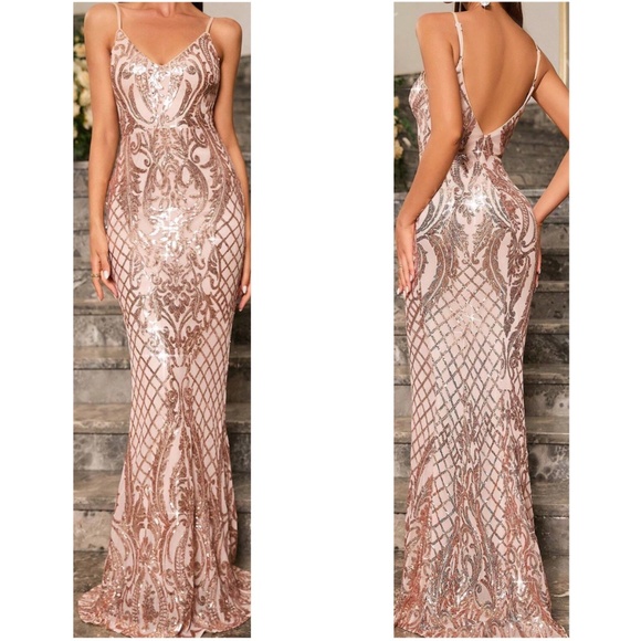 Luxe Sequin Fitted Cami Party Evening Prom Wedding Dress - Picture 3 of 3